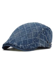 丹寧格紋貝雷帽 洗水磨損尖頂帽 可調節棉質報童帽 復古常春藤蓋茨比運輸公司帽子 凸起帽