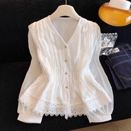 French Design V-Neck Puff Sleeve Top with Lace Stitching - Slimming Silhouette for Women A10789