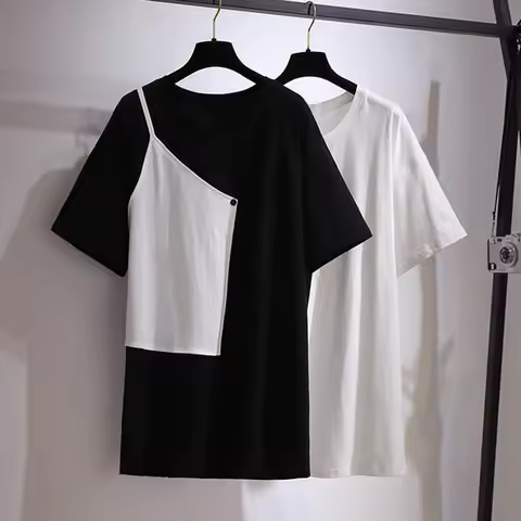 150Kg Plus Size Women's T-Shirt Dress Bust 157 Summer Loose Contrast Stitching Short-Sleeved Dress 6