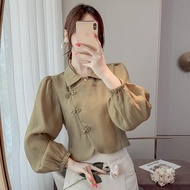 Women's Autumn New Tight Waist Puff Sleeve Short Chiffon Shirt C15399