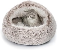 CATISM Cat Bed Hooded Plush Cat Bet Cave, Cozy for Indoor Cats or Small Dogs, Heated Cute Cat House,