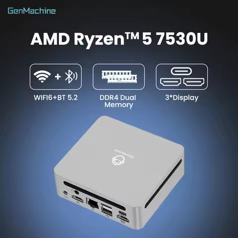 Genmachine AMD Ryzen 5 7530U Mini PC - 6C/12T Smooth Multitask, 15W TDP, 4K@60Hz, WiFi6, Ultra-Slim 