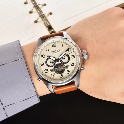 PARNIS ST2502 Movement Automatic Watch Men Tourbillon Calendar Date Week Wristwatch Vintage