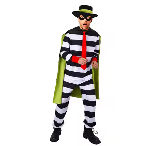 Hamburger Thief Burglar Cosplay Costume Funny Men's Halloween Party Striped Shirt Pants Cape Hat Mas