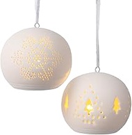 Set of 2 Christmas Bauble Pendants Ceramic White with LED Lighting Tree Decoration Window Decoration