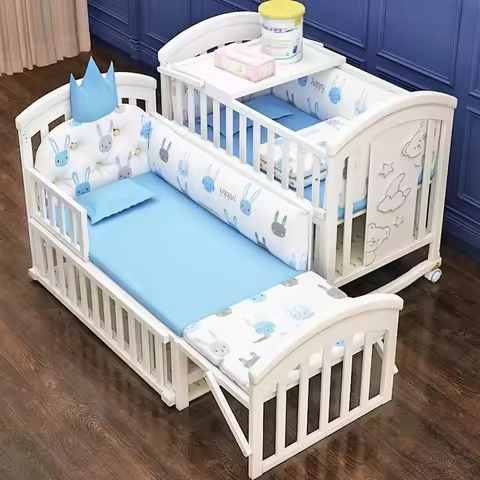 European Solid Wood Crib White Queen Bed Child Newborn Multifunctional Cradle Removable Baby Bb Mode