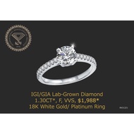 18K (750) White Gold IGI LAB GROWN DIAMOND Total 1.30ct, F Color, VVS, 3 Excellent NONE Fluorescence