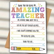 1pc Personalized Teacher Appreciation Card, "Thank You For Being My Wonderful Teacher", Customizable