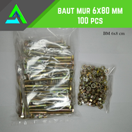 PAKET 100 SET BAUT 10 + MUR (M6X80) PANJANG 8 CM KUNCI 10