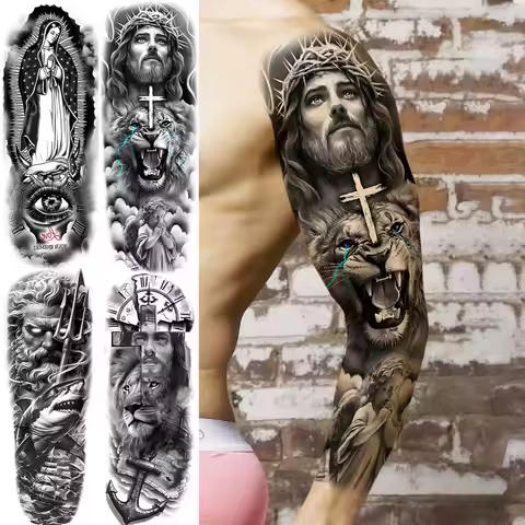 1 Sheet Full Arm Jesus Holy Mother Pray Temporary Tattoo Sleeve Waterproof Realistic Fake Tattoo Sti