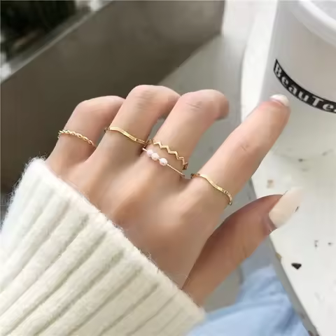 5pcs/set Ring Female Japanese Korean Style Simple Three Pearl Wavy Combination Ring Personality Ring