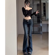 seluar bootcut woman seluar jeans perempuan jeans women Dark Blue Low-Waist Micro Flare Jeans for Wo