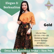 baju couple sarimbit keluarga batik kombinasi brokat hem lengan pendek - gold