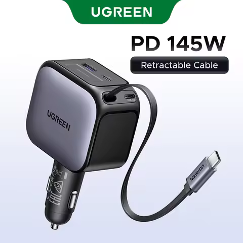 UGREEN 145W 90W 60W Car Charger 3 USB-C & 1 USB-A Ports PD QC4.0 Fast Charging with Retractable Cabl