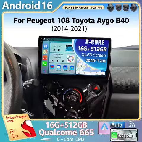 Android 16 For Peugeot 108 Toyota Aygo B40 2014 - 2021 2K QLED Stereo Car Radio Multimedia Video Pla