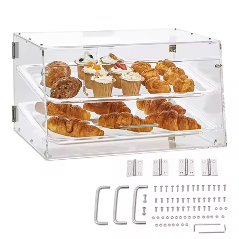SucceBuy 2 Tray Clear Pastry Display Case Acrylic Commercial Countertop Bakery Display Case with Fro