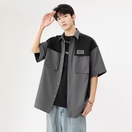 Hong Kong Style Casual Short-Sleeved Loose Shirt Summer Half-Sleeved Overalls Men Thin Style Contras