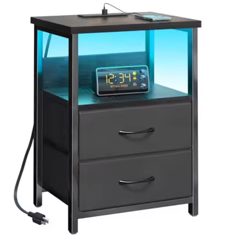 Night Stand with Charging Station, LED Nightstand with U-S-B Ports and Outlets for Small Spaces, 2 F