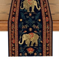1pc -Inspired Table Runner With Golden Elephant & Floral Motifs - Navy Blue & Golden Decor, Line Fab