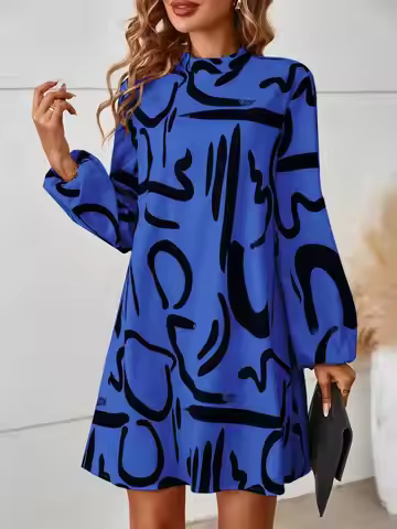 Women's Brush Print Keyhole Back Dress, Elegant Bishop Sleeve Mock Neck Short Dress for Summer, Ladi