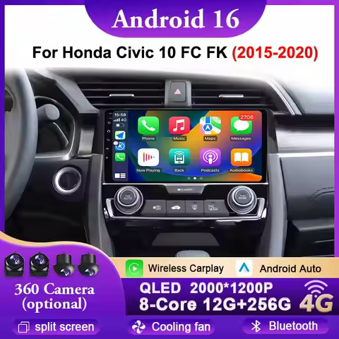 For Honda Civic 10 FC FK 2015 - 2020 Wireless CarPlay Android 16 Radio Car Multimedia Player Touch 2