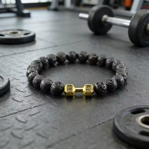 Natural Volcanic Stone Bracelet Men Matte Black Lava Obsidian Beads Charm Dumbbell Strand Bracelet W