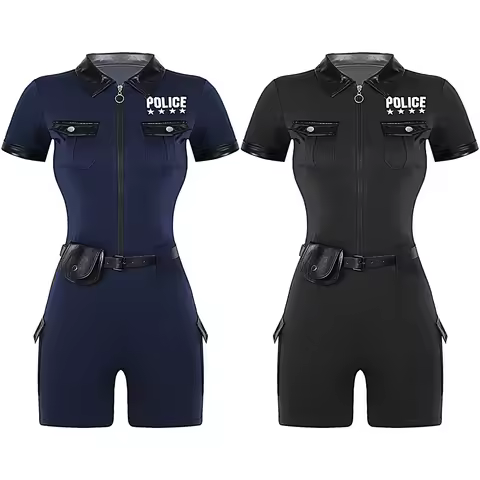 Women Policewoman Costume Police Romper Uniform Cop Officer Outfit Zipper Jumpsuit with Belt Purse S