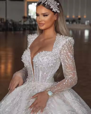 Dubai Wedding Dress More Pearls Sequins Bridal Ball Gowns V Neck Long Sleeves Customized Vestidos De