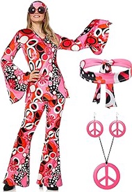 Haysandy 70s Outfit Women Disco Hippie Costume Accessories Pink Peace Disco Bottom Boho Pants for Carnival Halloween Cosplay