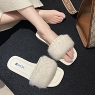 【Ready stock】毛毛拖鞋女夏外穿新款仙女风韩版百搭配裙子小香风平底一字拖Hairy slippers for women summer wear  new style fair 3Ram5E