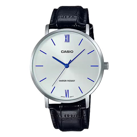 CASIO MTP-VT01L Quartz Watch for Men, Leather Band, Stainless Steel Case, 30M Waterproof, Slim Busin
