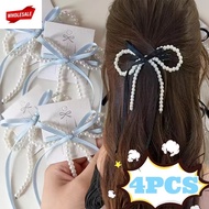 (BC)4/1Pcs Ribbon Bow Pearl Hair Clips - Korean INS Style, Sweet,  - for Wen Party, Dai Wear - Back 