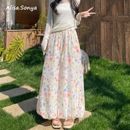 Alisa.Sonya Women's Floral Print High Waist Slimming A-Line Long Skirt Summer Puff Casual 24AS1257