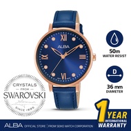 Jam Tangan Kulit Swarovski Wanita Biru Alba AH8668 Quartz Analog Original