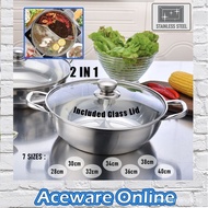 Stainless Steel 2-In-1 Separate Hot Pot 28 to 40cm 7 Sizes Two Flavor Steamboat With Glass Lid Periu