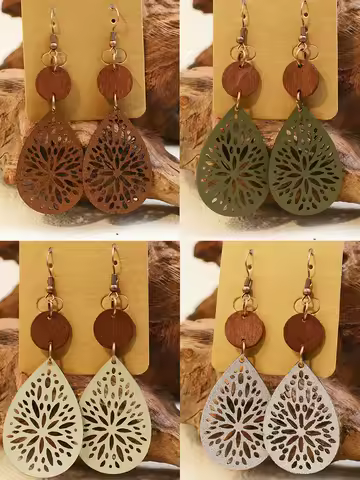 Trendy Vintage Ethnic Round Wood Leather Drop Dangle Earrings For Women Boho Geometric Hollow Flower