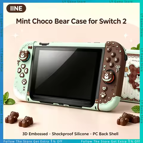 IINE Cute Bear Case for Nintendo Switch 2 Mint Choco Silicone Joy-Con Cover PC Back Shell Thumb Grip