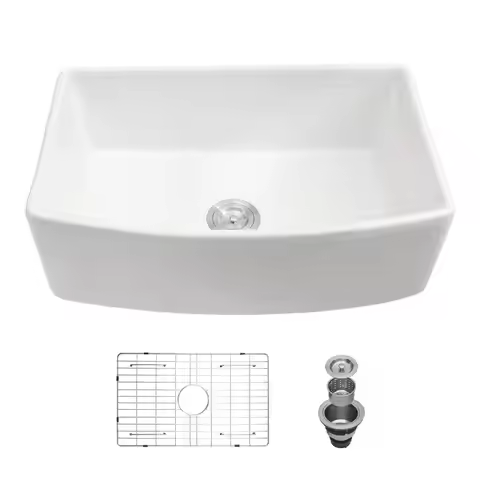 33" White Ceramic Farmhouse Sink, Single Bowl, Apron Front Design for Kitchen, Arch Edge, Durable & 
