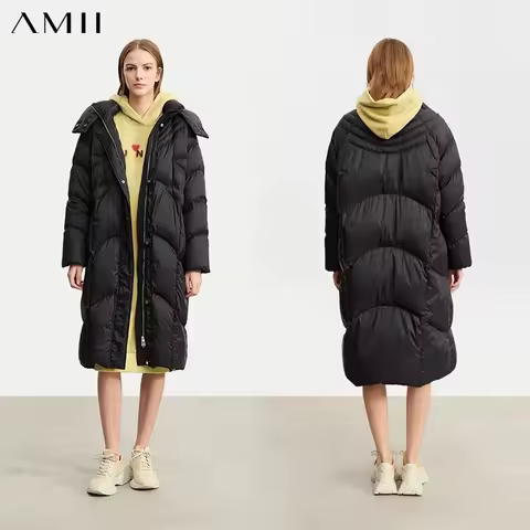 AMII Women's Duck Down Jacket 2026 Winter New Hooded Long Down Coat Female Zipper Office Lady Remova