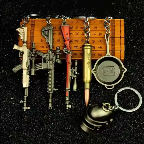 Mini PUBG gun Keychain Battlefield Backpack Batle Fryingpanhelmet 9cm 98k AK47 AWM M24 key ring Birt