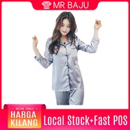[Ready Stock] SIZE L - 5XL Long Sleeve Silk Pyjamas Ladies Plus Baju Tidur Wanita Satin Women Sleepwear- W055
