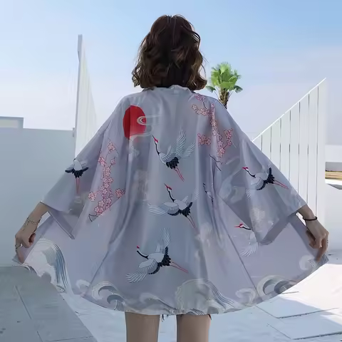 2020 New Japanese Yukata Kimono Haori Female Red-Crowned Crane Traditional Japanese Kimonos Kimono C