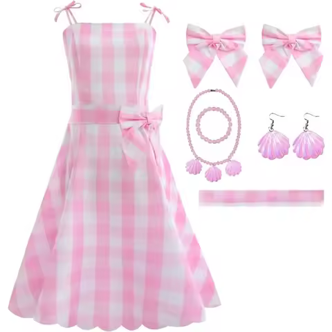 Movie Princess 70s 80s Vintage Cosplay Costume Pink Plaid Dress for Women Halloween Carnival Party P