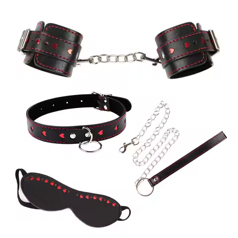 3pcs/Set Heart PU Leather Padded Handcuffs Wrist Cuffs & Neck Collar & Eye Mask Set ,BDSM Leather Bo