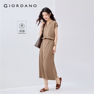 GIORDANO Women Dresses Cool-Touch Elastic Tapered-Waist Dresses V-Neck Short Dolman Sleeve Fashion C