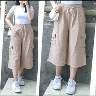 Celana Kulot 7/8 Cargo Katun Linen Street Kulot Santai Standar Jumbo