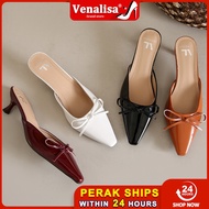Venalisa Fashion Women's High Heel Kasut Selipar Runcing 2 inci Kulit Stiletto Bow Retro Raya