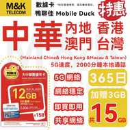 Mobile Duck x CMHK - 大中華【內地/香港/澳門/台灣】 365日 上網卡 15GB數據 即買即用 5G全覆蓋 共享網絡 有效期長 sim卡 sim咭 丨香港台灣需實名登記