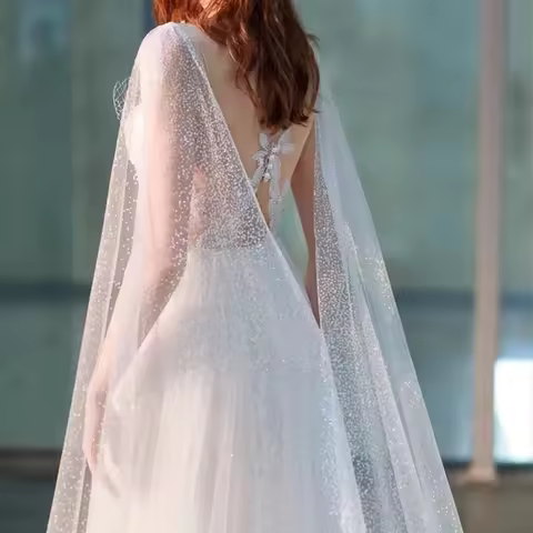 Bridal Shawl Wedding blingbling Dress Accessory Long Cathedral Sparkle Cape simple Wedding Shawl Clo