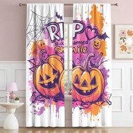 2PCS Halloween Themed Printed Curtains With Orange Pink Splashed Ink Pumpkin, Spider Web, Bats And O